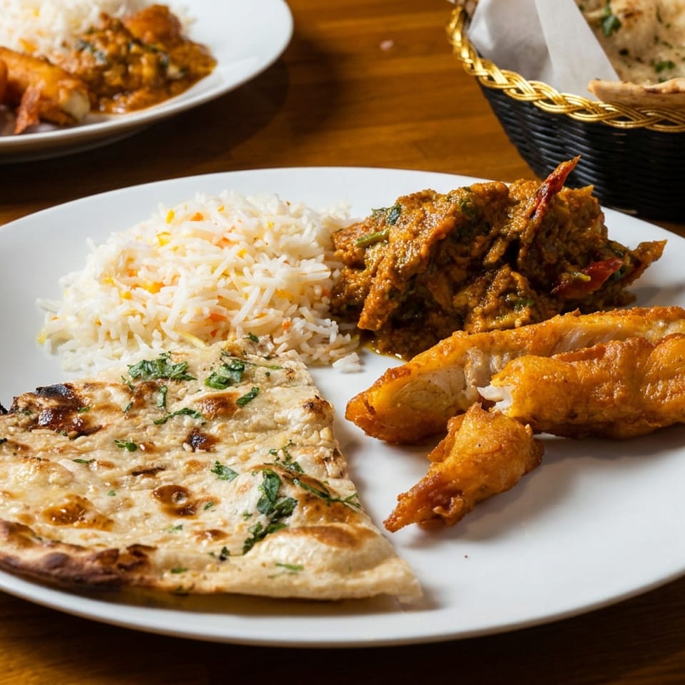 Indian meal featuring basmati rice, naan, vegetable curry, and crispy fried appetizers on a white plate.