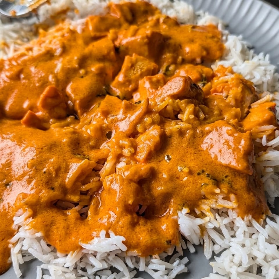 Plate of white rice topped with creamy orange curry and tender chunks of meat or vegetables.