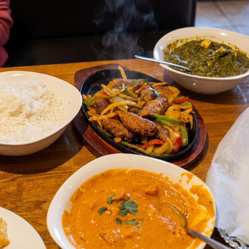 Indian meal spread with basmati rice, naan, steaming sizzling kebabs, green curry, and creamy orange curry on a wooden table.