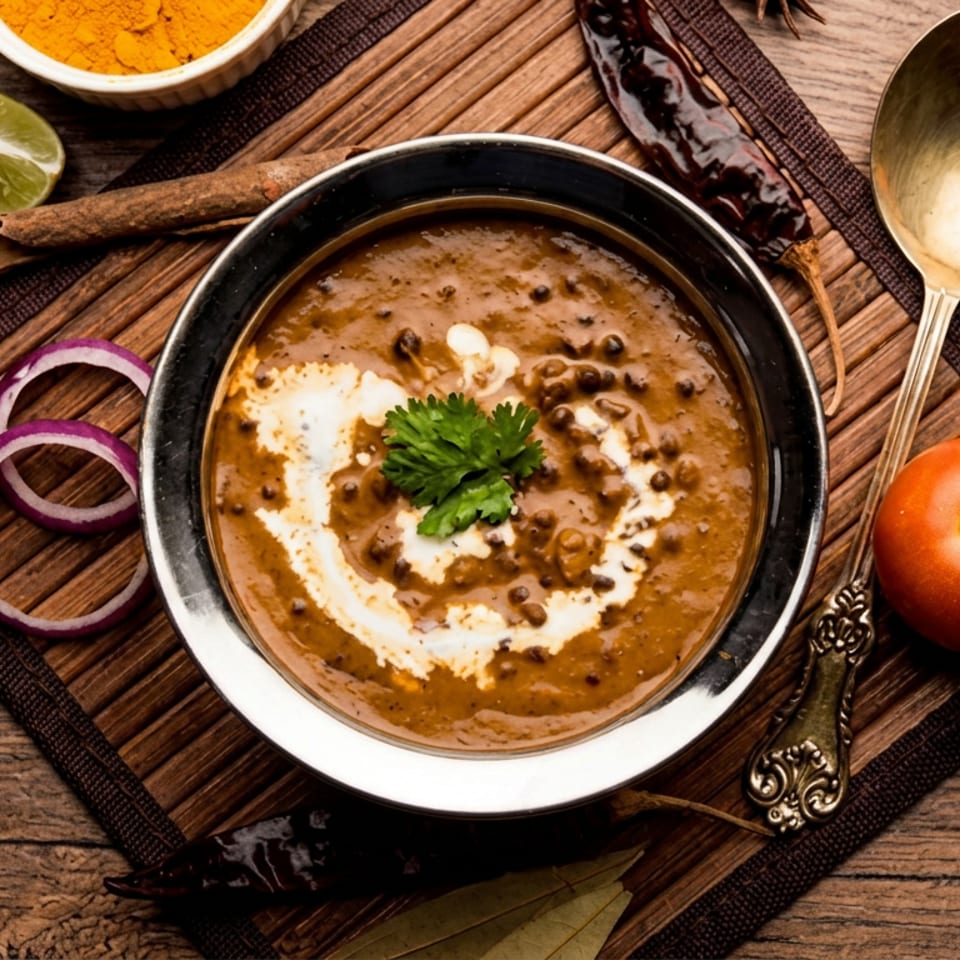 Creamy spiced lentil curry garnished with cilantro and cream, surrounded by Indian spices, lime, onion, tomato, and chilies.