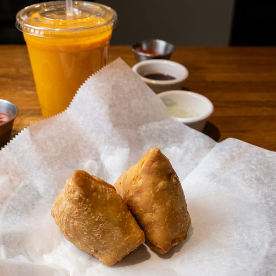 Two golden fried samosas sit on parchment with dipping sauces and a mango drink on a wooden restaurant table.