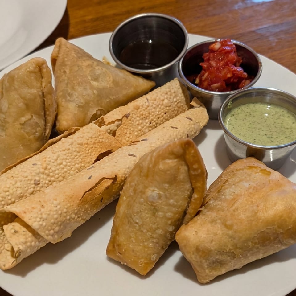 Assorted Indian appetizers, including samosas and crispy rolls, served with mint chutney, tomato relish, and dipping sauce on a white plate.